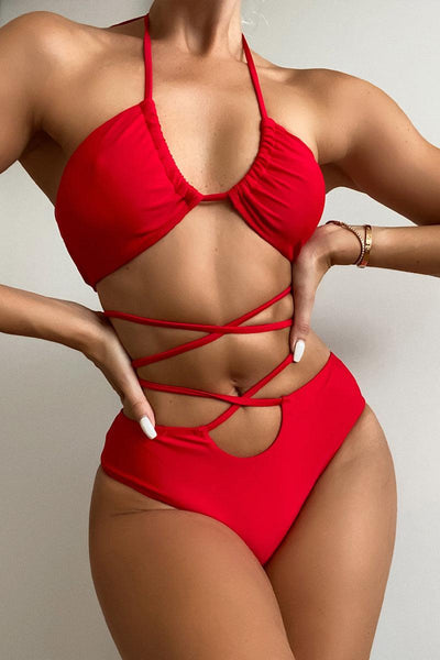 Red Lace Up Strappy Halter Two Piece Swimsuit - AMIClubwear
