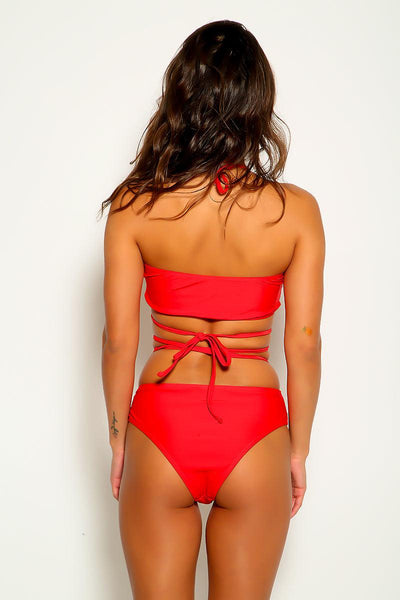 Red Lace Up Strappy Halter Two Piece Swimsuit - AMIClubwear