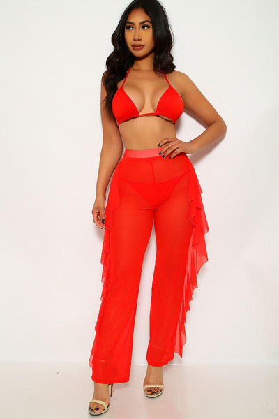 Red Layered Ruffle Detail Three Piece Swimsuit - AMIClubwear