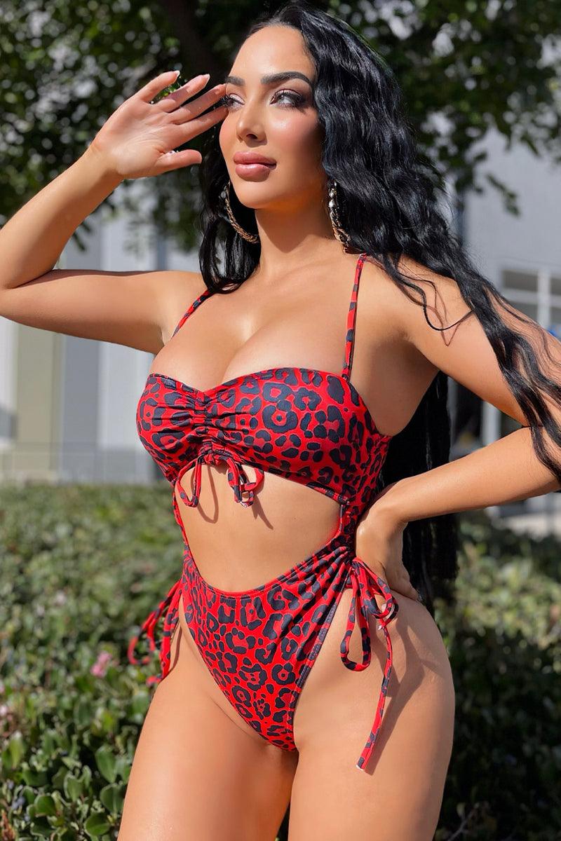 Red Leopard Cut Out One Piece Swimsuit