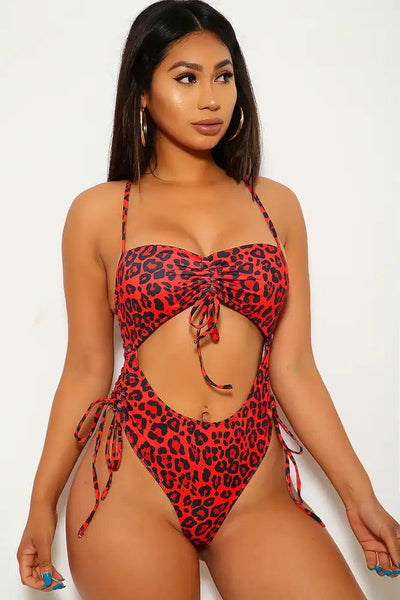 Red Leopard Cut Out One Piece Swimsuit - AMIClubwear