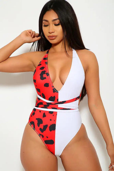 Red Leopard Plunging Halter One Piece Swimsuit - AMIClubwear