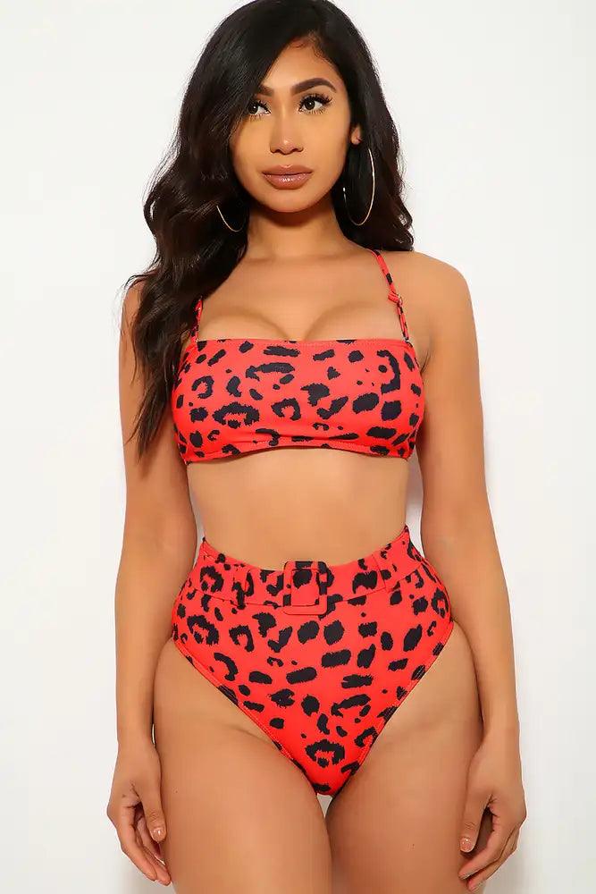 Red Leopard Print Belted Two Piece Swimsuit - AMIClubwear