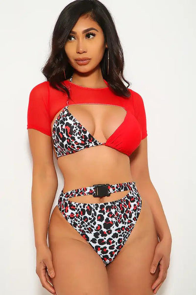 Red Leopard Print Belted Two Piece Swimsuit - AMIClubwear