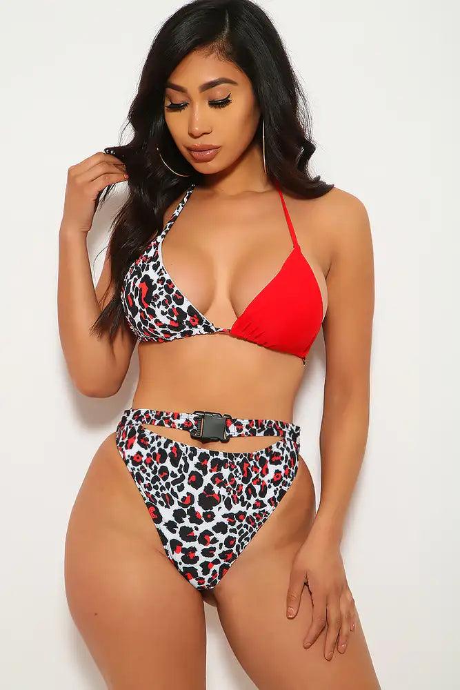 Red Leopard Print Belted Two Piece Swimsuit - AMIClubwear