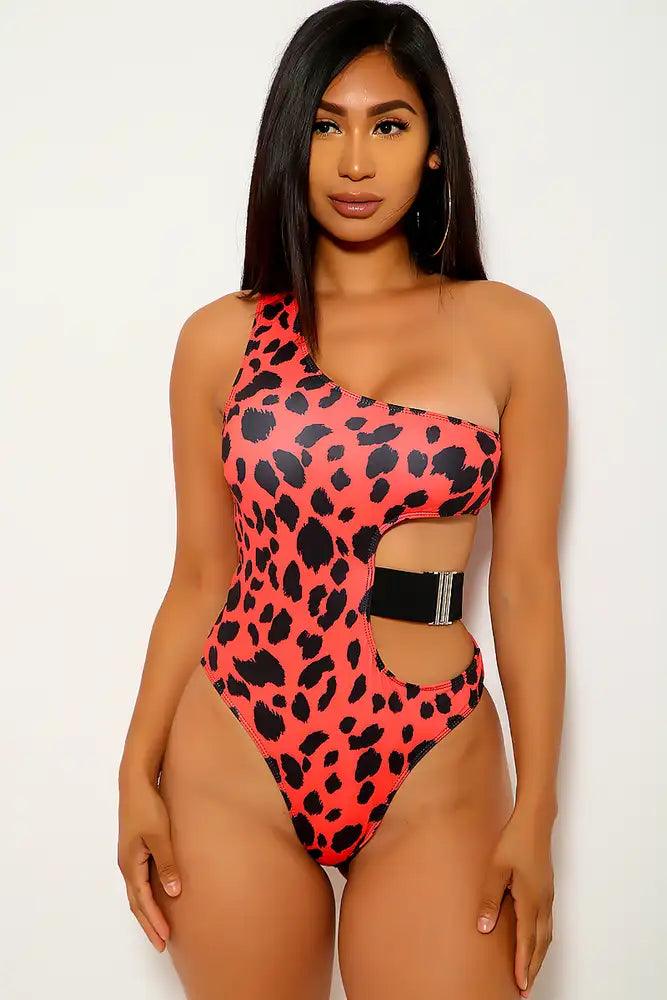 Red Leopard Print Cut Out One Piece Swimsuit - AMIClubwear