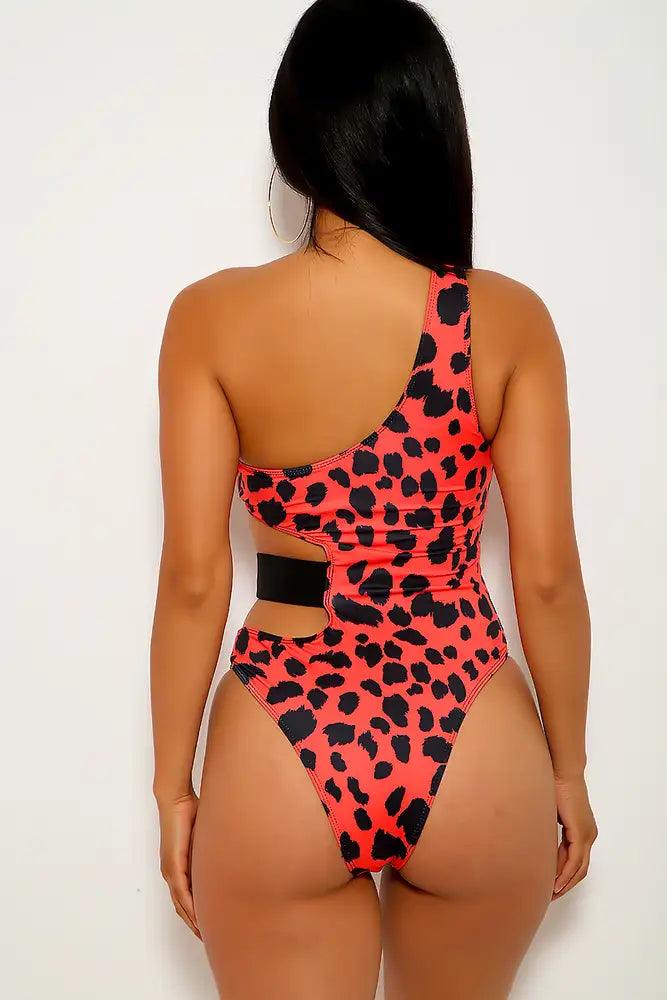 Red Leopard Print Cut Out One Piece Swimsuit - AMIClubwear