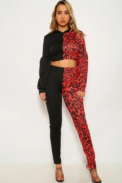 Red Leopard Print Long Sleeve Two Piece Outfit - AMIClubwear