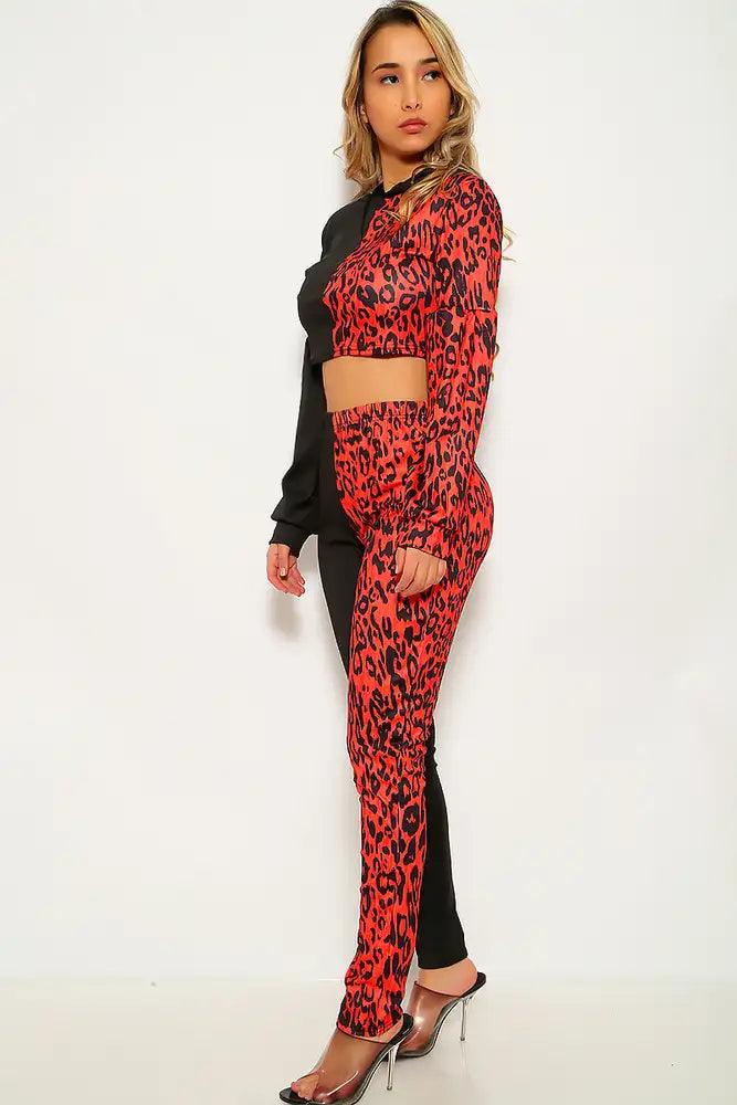 Red Leopard Print Long Sleeve Two Piece Outfit - AMIClubwear