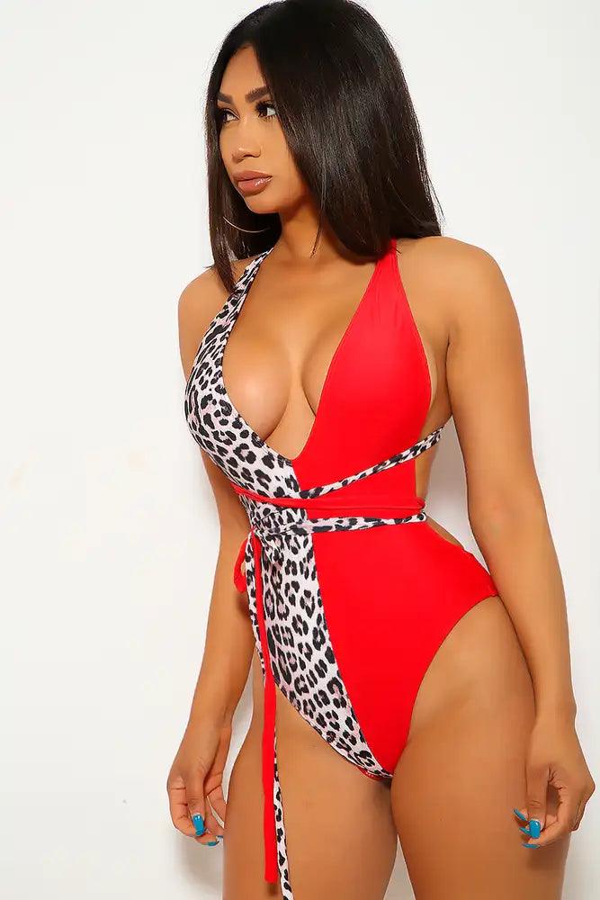 Red Leopard Print Strappy One Piece Swimsuit - AMIClubwear