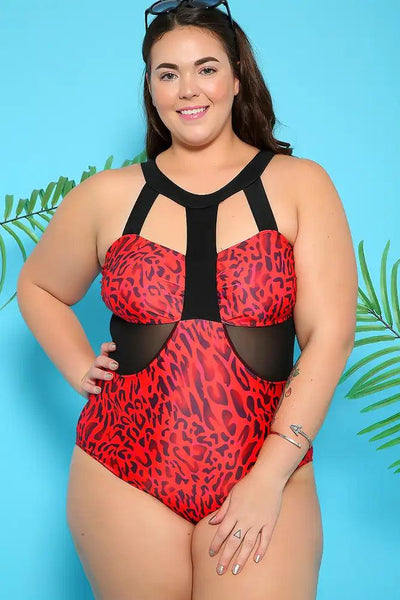 Red Leopard Strappy Neckline Cutout Mesh One Piece Swimsuit Plus - AMIClubwear