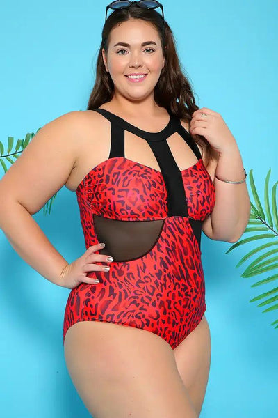 Red Leopard Strappy Neckline Cutout Mesh One Piece Swimsuit Plus - AMIClubwear