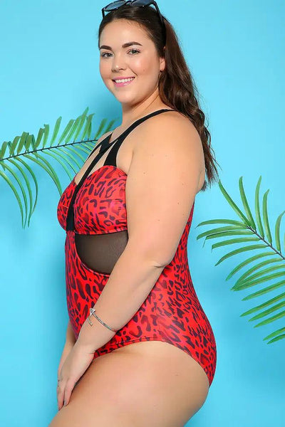 Red Leopard Strappy Neckline Cutout Mesh One Piece Swimsuit Plus - AMIClubwear