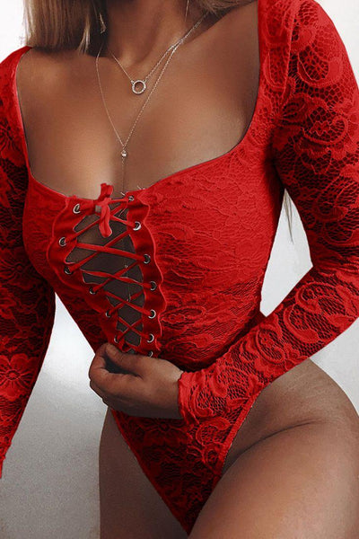Red Long Sleeve Crochet Lace Up Teddy - AMIClubwear