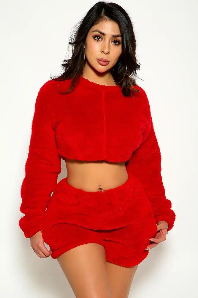 Red Long Sleeve Cropped Faux Fur Shorts Two Piece Outfit - AMIClubwear