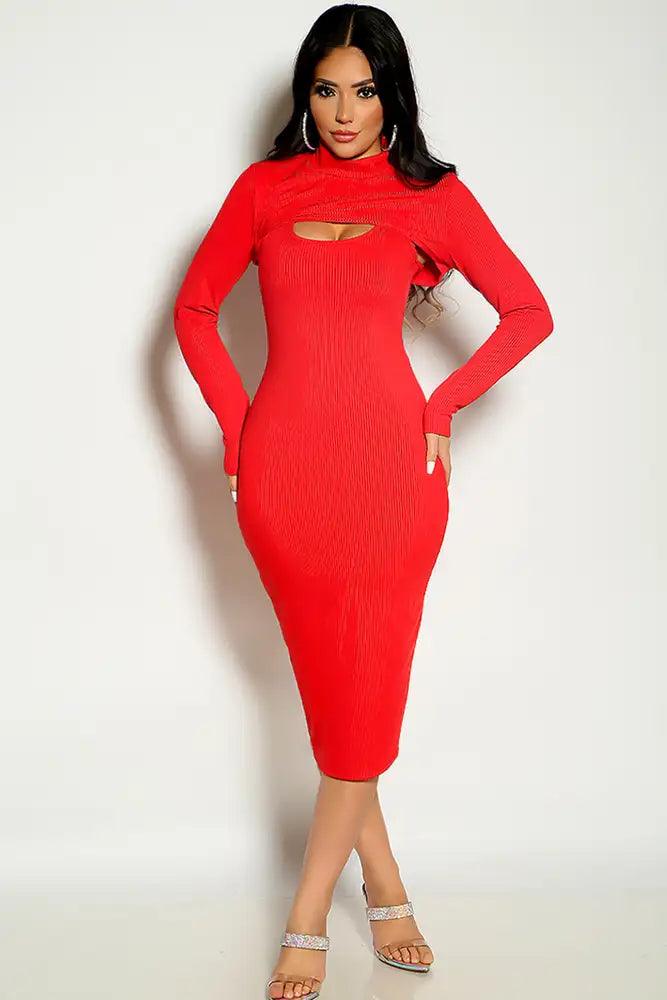 Red Long Sleeve Cropped Two Piece Ribbed Midi Party Dress - AMIClubwear