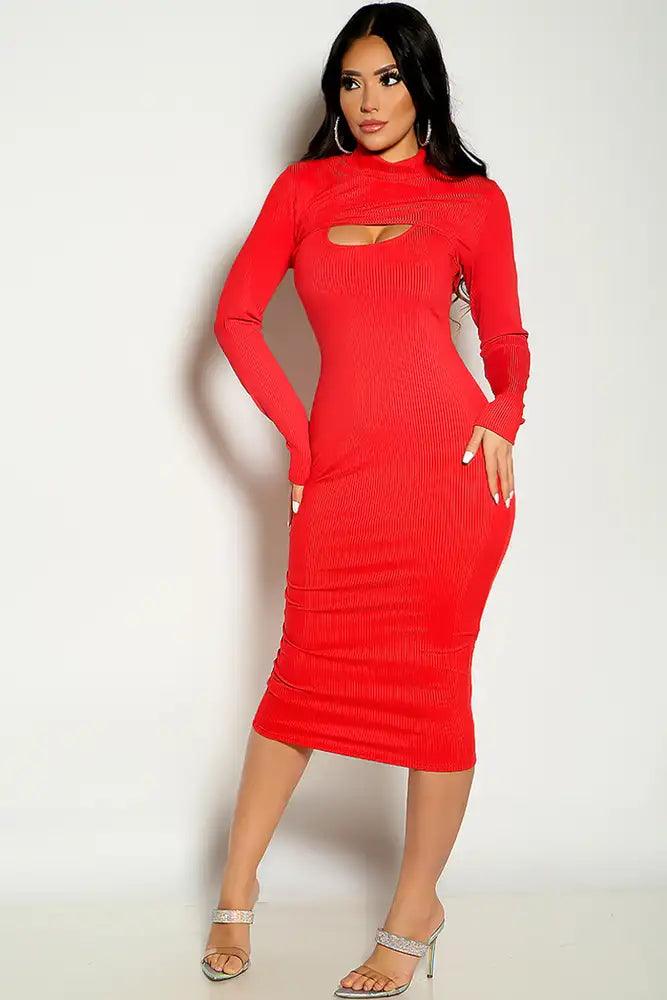 Red Long Sleeve Cropped Two Piece Ribbed Midi Party Dress - AMIClubwear
