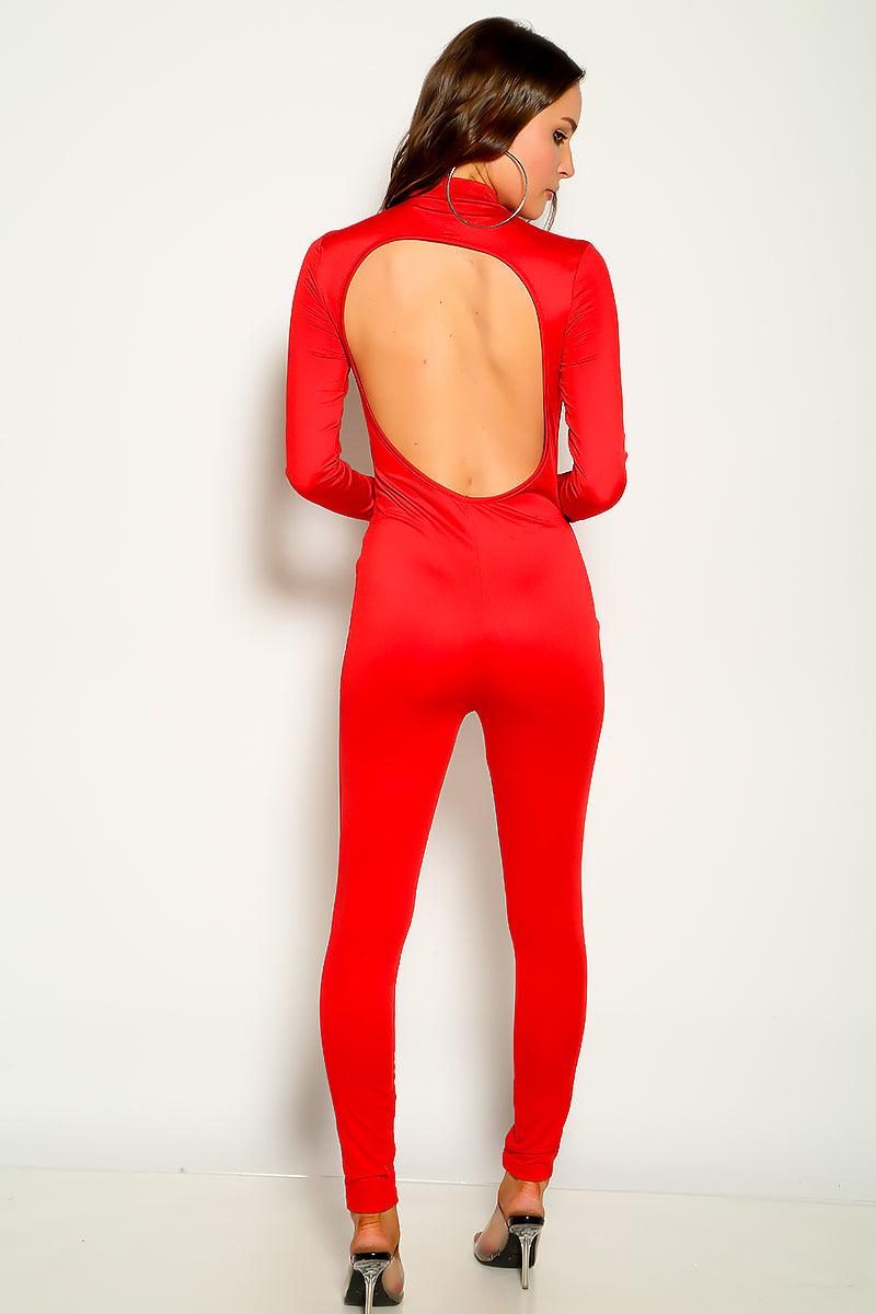 Red Long Sleeve Cut Out Casual Jumpsuit - AMIClubwear