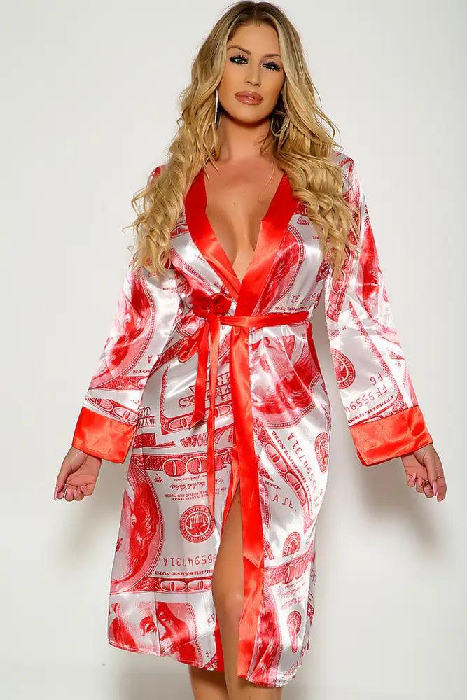 Red Long Sleeve Faux Satin Money Dollar Print Belted Robe - AMIClubwear