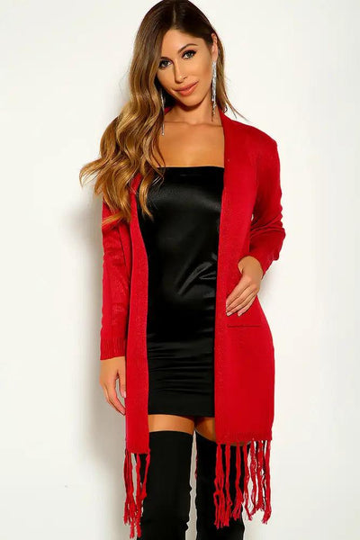 Red Long Sleeve Fringe Knitted Cardigan - AMIClubwear