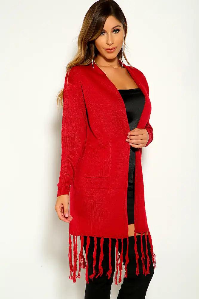 Red Long Sleeve Fringe Knitted Cardigan - AMIClubwear