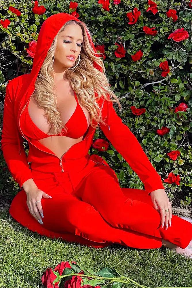 Red Long Sleeve Front Zipper Two Piece Lounge Wear Outfit - AMIClubwear