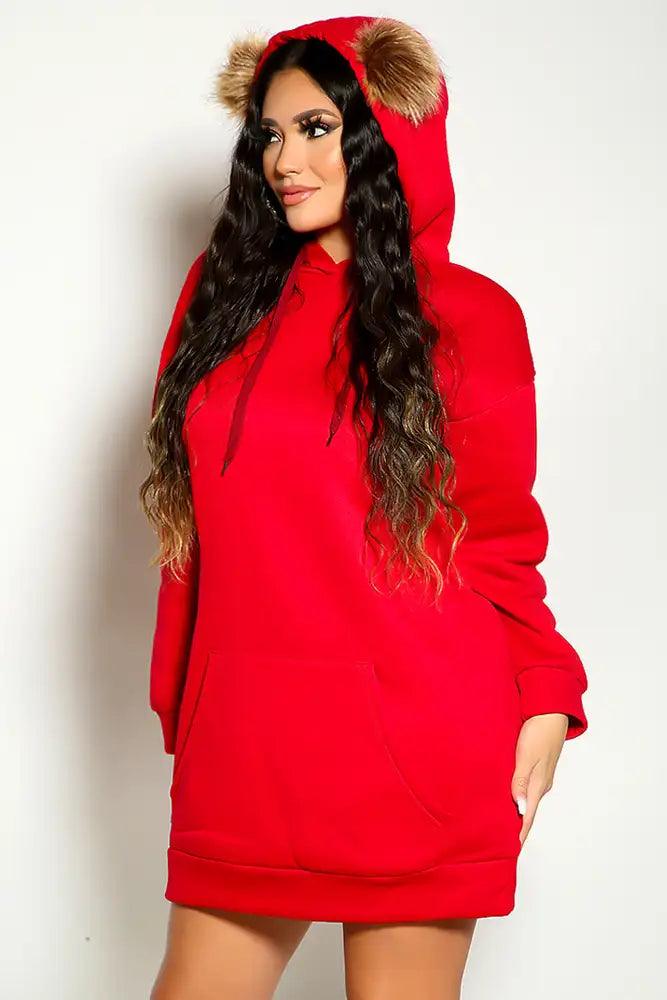 Red Long Sleeve Hooded Faux Fur Detail Sweater Dress - AMIClubwear