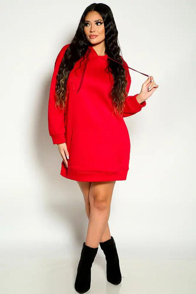 Red Long Sleeve Hooded Faux Fur Detail Sweater Dress - AMIClubwear