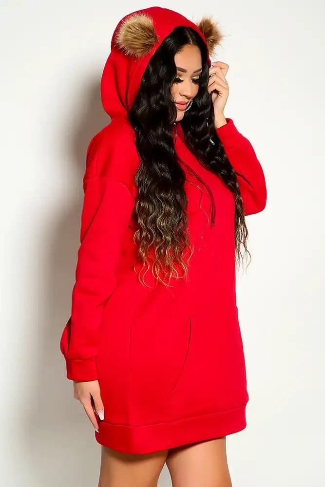 Red Long Sleeve Hooded Faux Fur Detail Sweater Dress - AMIClubwear