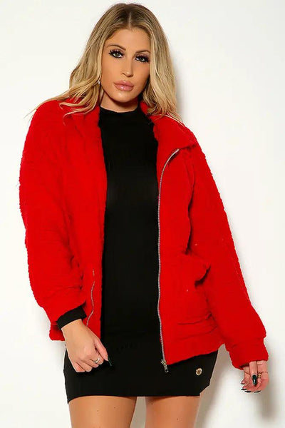 Red Long Sleeve Hooded Sherpa Outerwear - AMIClubwear