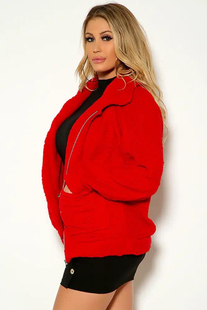 Red Long Sleeve Hooded Sherpa Outerwear - AMIClubwear