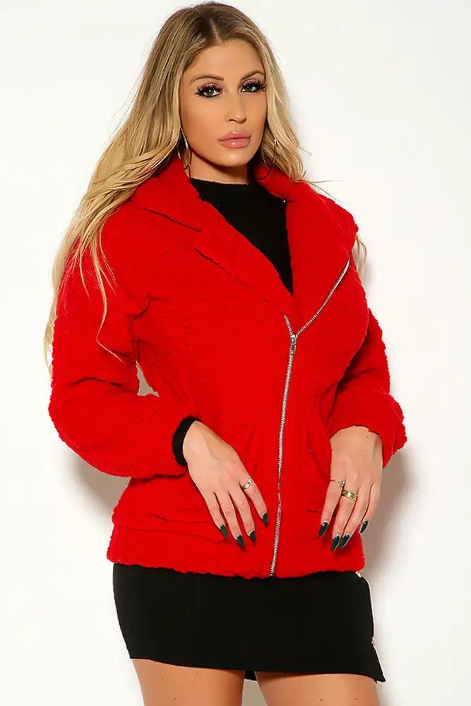 Red Long Sleeve Hooded Sherpa Outerwear - AMIClubwear