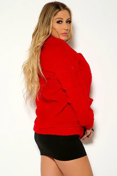 Red Long Sleeve Hooded Sherpa Outerwear - AMIClubwear