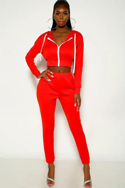 Red Long Sleeve Hooded Two Piece Outfit - AMIClubwear