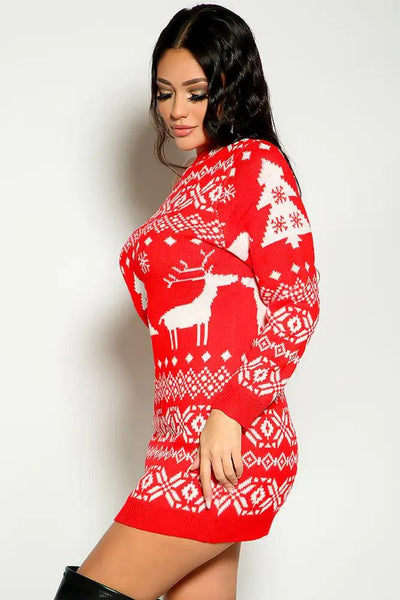 Red Long Sleeve Knitted Holiday Print Cozy Sweater Dress - AMIClubwear