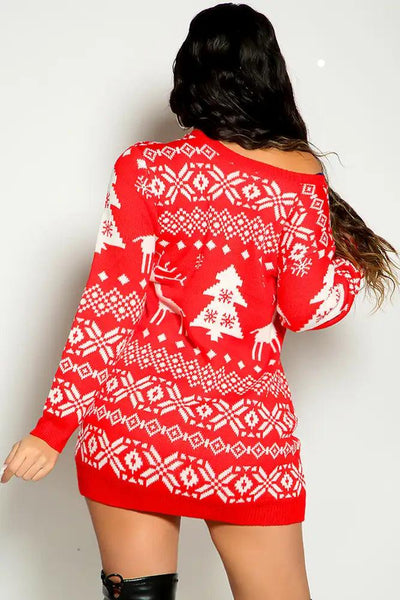 Red Long Sleeve Knitted Holiday Print Cozy Sweater Dress - AMIClubwear