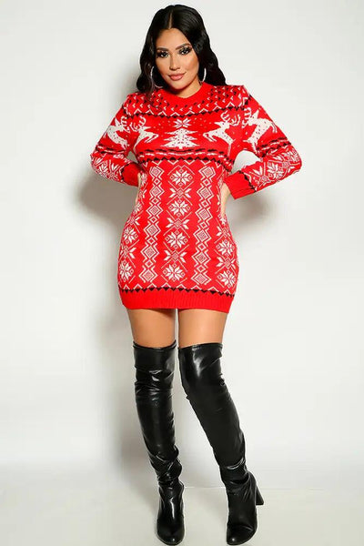 Red Long Sleeve Knitted Holiday Sweater Dress - AMIClubwear