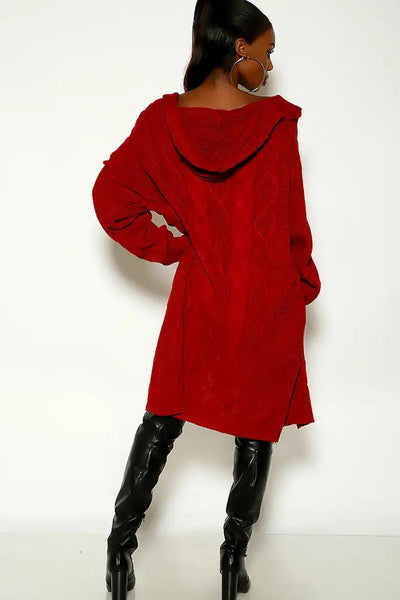 Red Long Sleeve Knitted Hooded Open Fron Cardigan - AMIClubwear