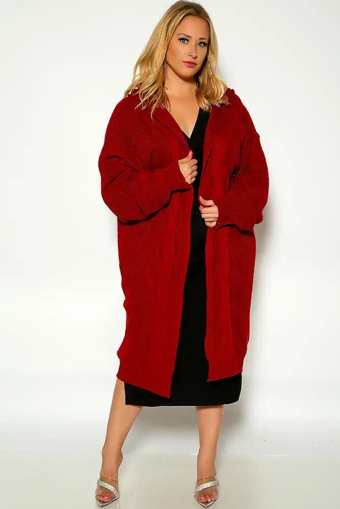 Red Long Sleeve Knitted Hooded Open Front Plus Size Cardigan - AMIClubwear