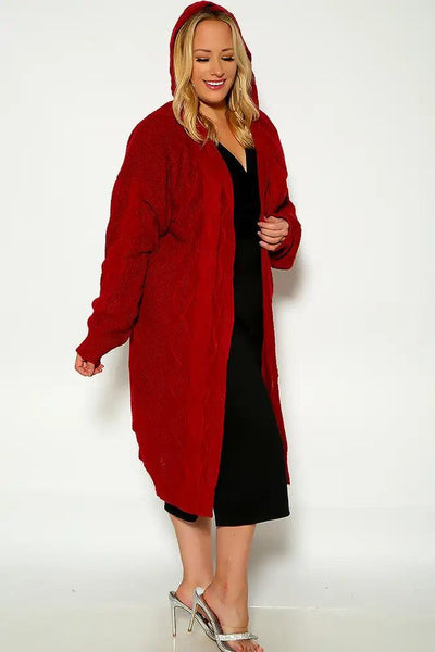 Red Long Sleeve Knitted Hooded Open Front Plus Size Cardigan - AMIClubwear