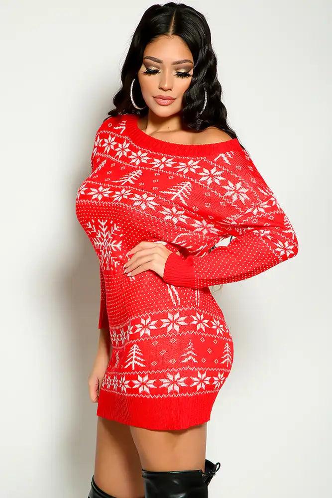 Red Long Sleeve Knitted Winter Holiday Print Sweater Dress - AMIClubwear