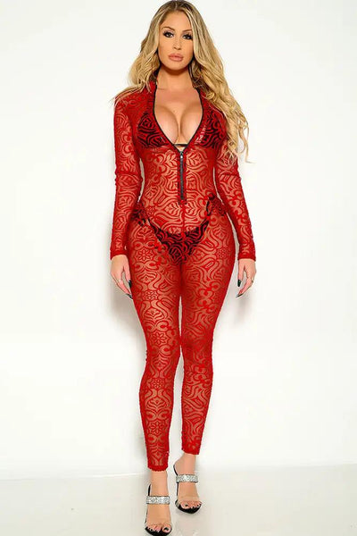 Red Long Sleeve Mesh Sexy Jumpsuit - AMIClubwear