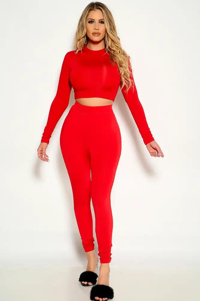 Red Long Sleeve Mock Neck Cropped Loungewear Two Piece Outfit - AMIClubwear