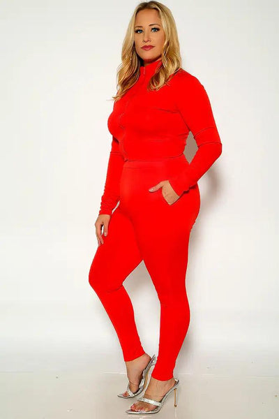 Red Long Sleeve Mock Neck Plus size Two Piece Outfi - AMIClubwear