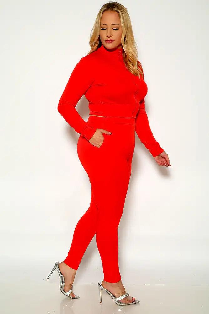 Red Long Sleeve Mock Neck Plus size Two Piece Outfi - AMIClubwear