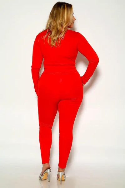 Red Long Sleeve Mock Neck Plus size Two Piece Outfi - AMIClubwear