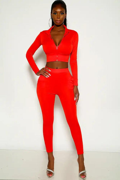 Red Long Sleeve Mock Neck Two Piece Outfit - AMIClubwear