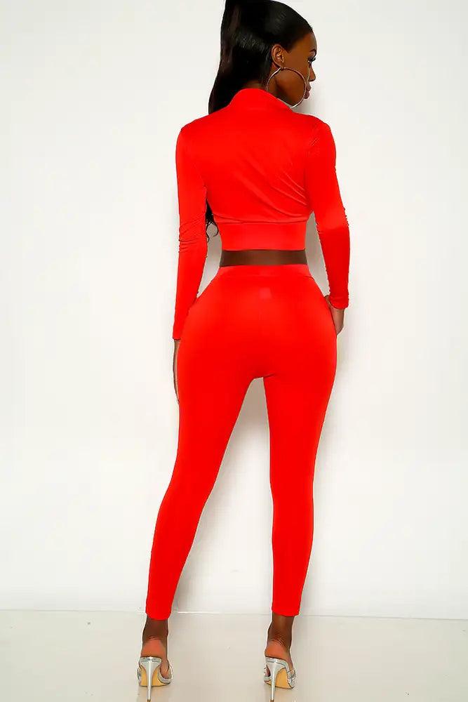 Red Long Sleeve Mock Neck Two Piece Outfit - AMIClubwear