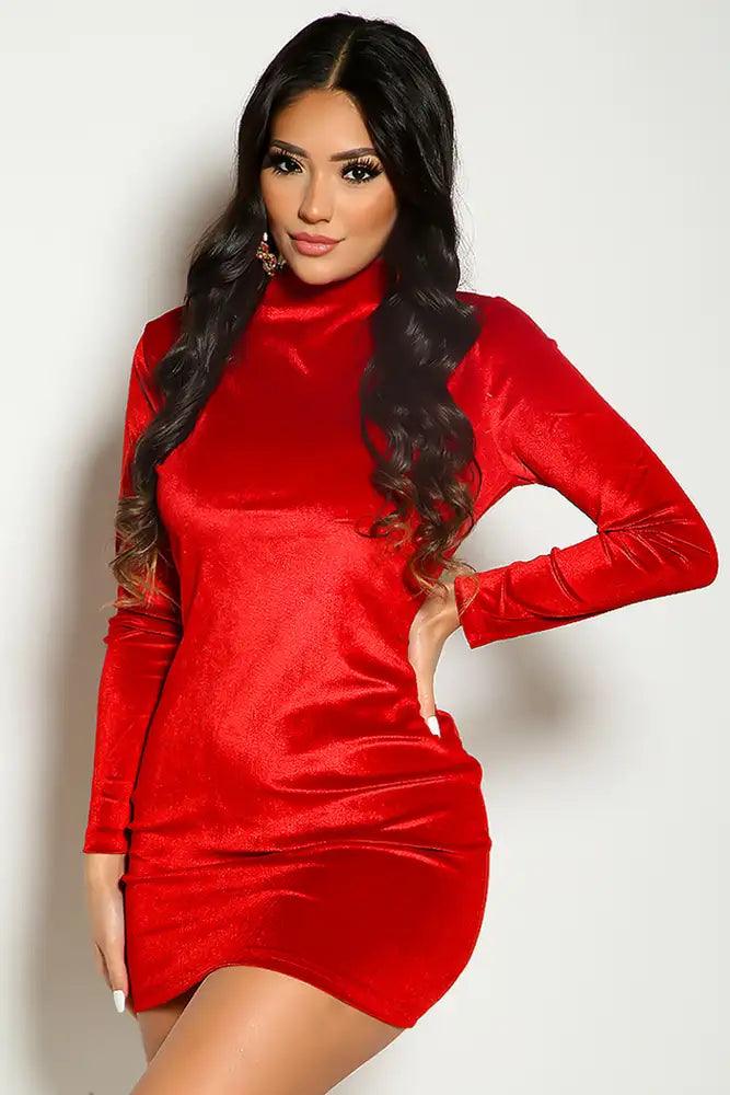 Red Long Sleeve Mock Neck Velvet Party Dress - AMIClubwear