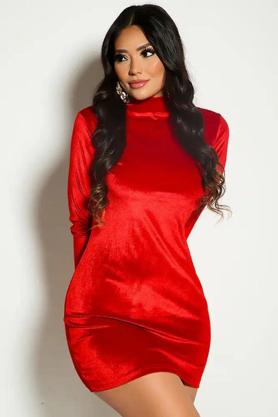 Red Long Sleeve Mock Neck Velvet Party Dress - AMIClubwear